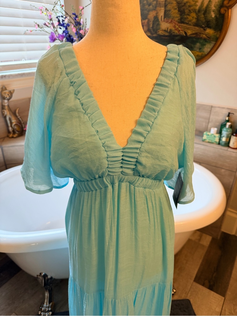 NWT Boston Proper Aqua Tiered Maxi Dress with V-Neck Summer Goddess Lightweight - Picture 11 of 12